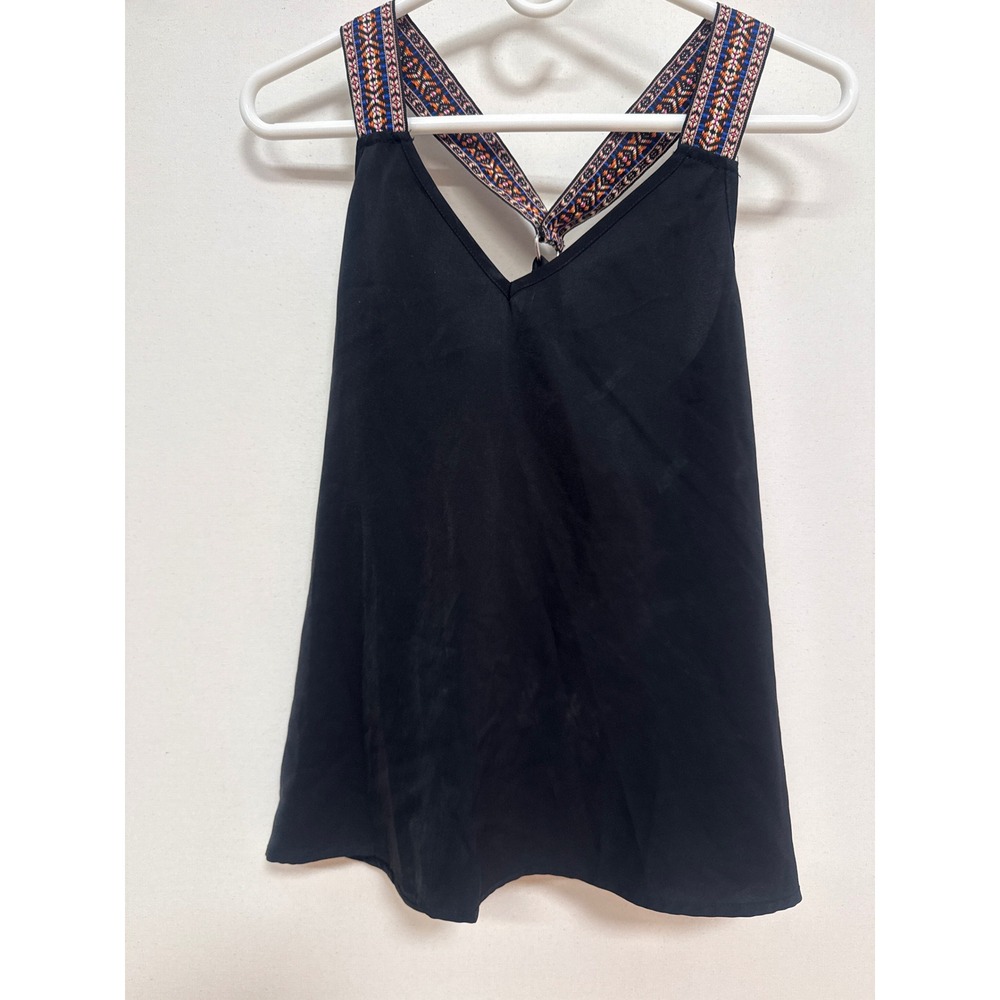 SHEIN Black Boho Embroidered Strap Cami Top V-Neck Open Back Tulip Hem Tank